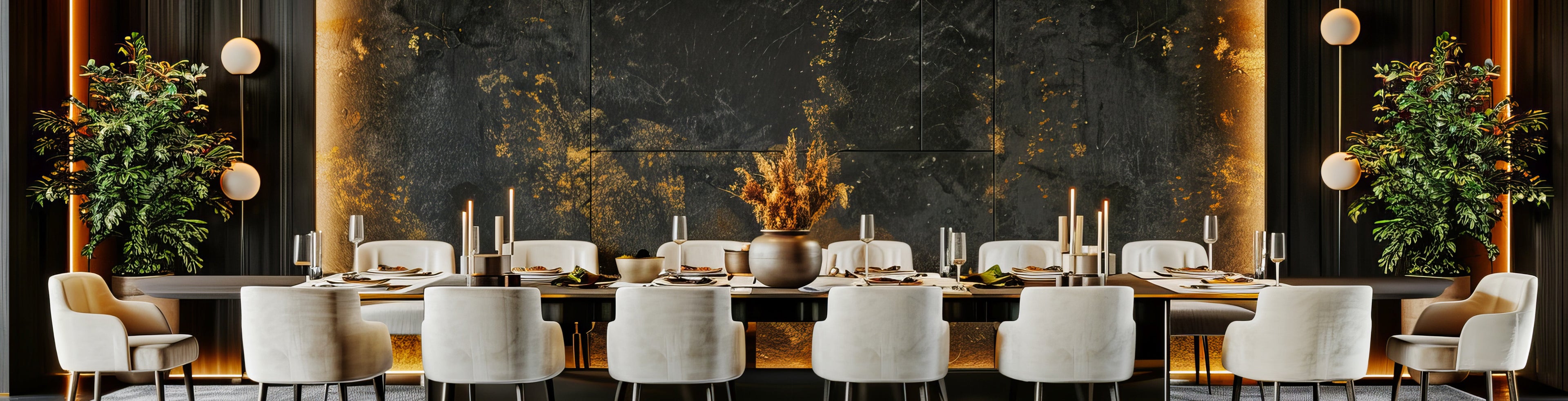 Upscale restaurant and private club interior with a long dining table, sculptural lighting, rich materials, and an elegant, intimate atmosphere.