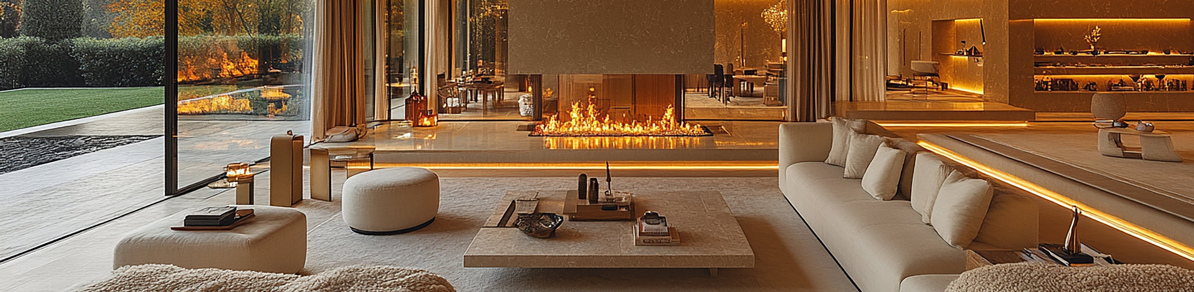 Luxury modern home interior with floor-to-ceiling windows, natural stone surfaces, a contemporary fireplace, and refined neutral furnishings in a spacious living area.