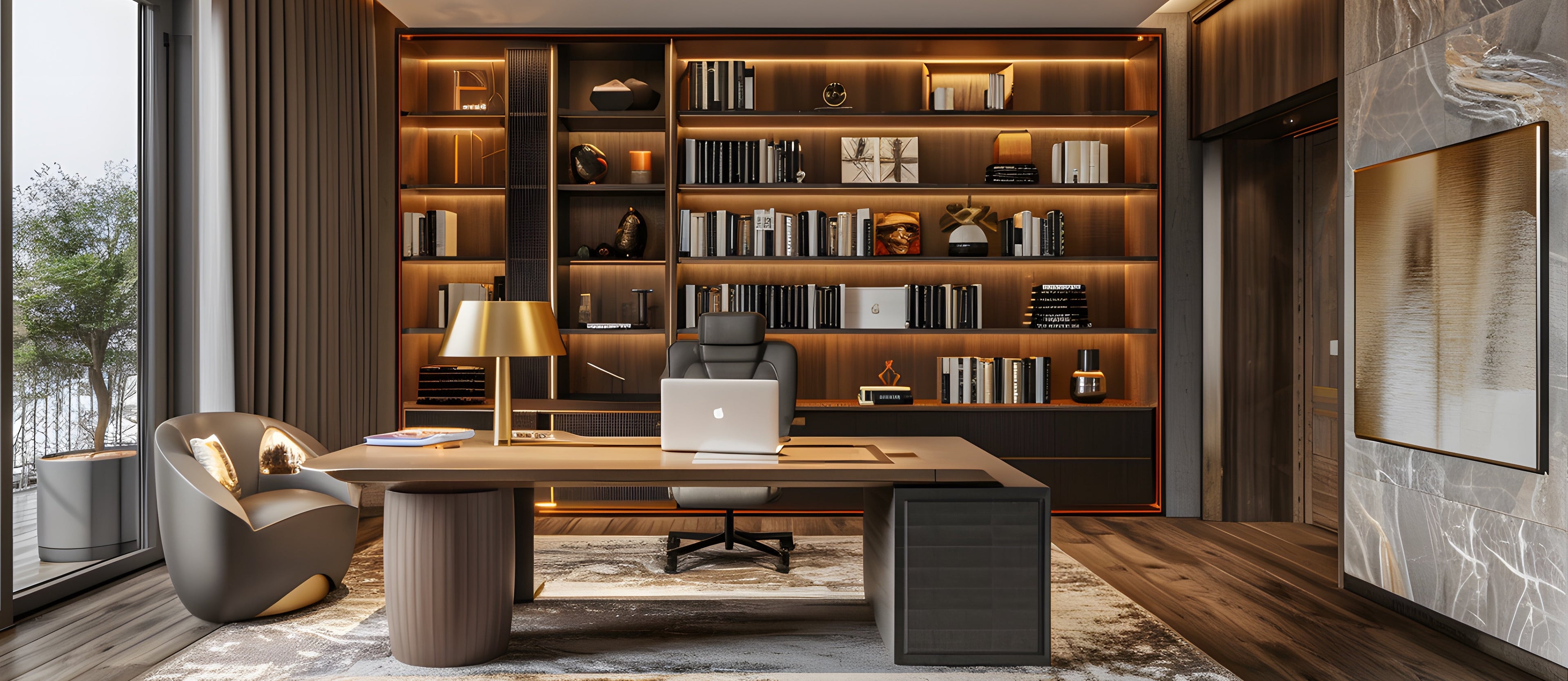 Executive workplace interior featuring custom wood shelving, a modern desk, and architectural lighting designed for focused, high-level professional environments.