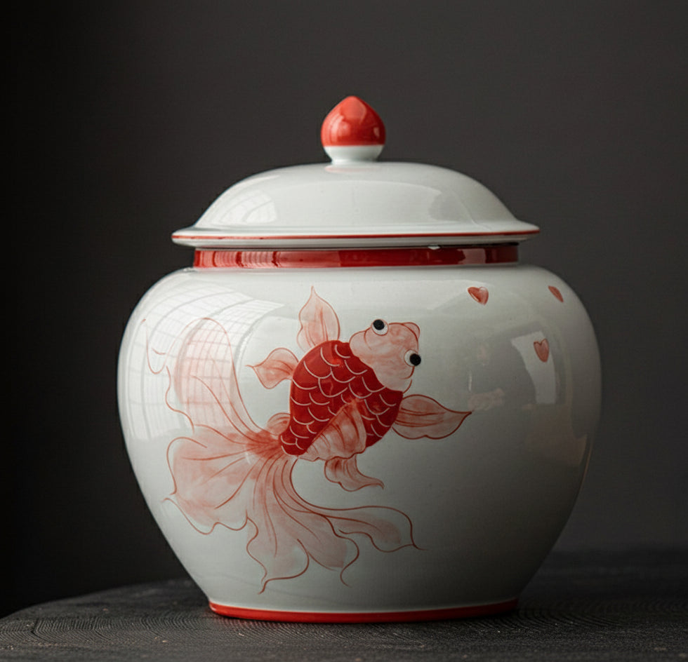 Close up of a white ceramic tea canister with a detailed hand-painted red goldfish and matching red finial lid