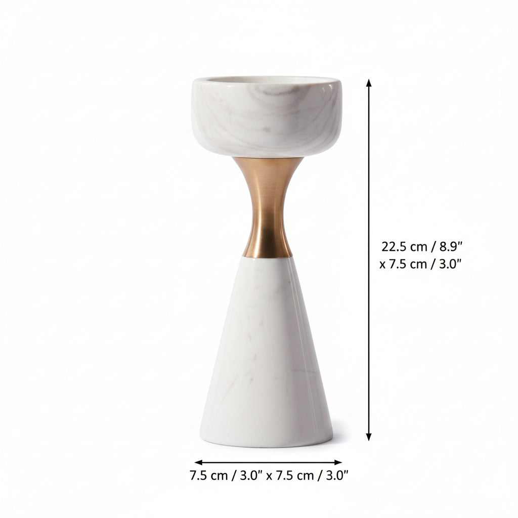 Product dimensions overlay showing 22.5cm height and 7.5cm width for the marble and brass candle holder