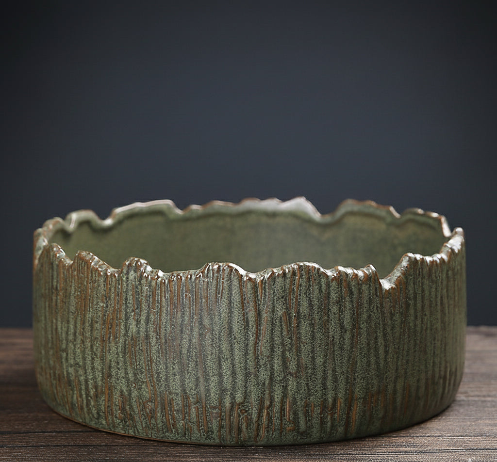 Sage green stoneware planter showing natural rim and reactive glaze texture