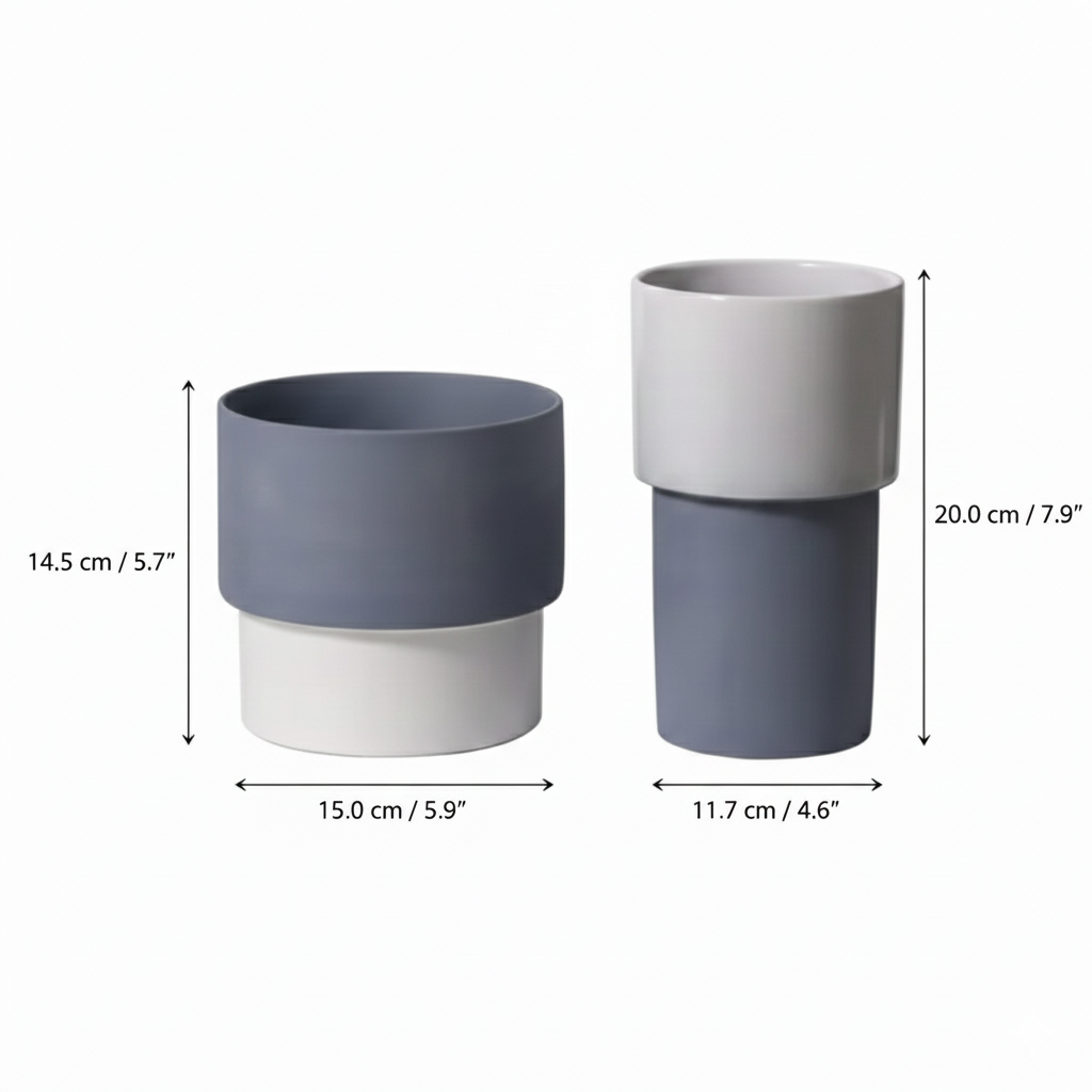 Product dimension diagram showing height and width measurements in centimeters and inches for the duo tone planter set