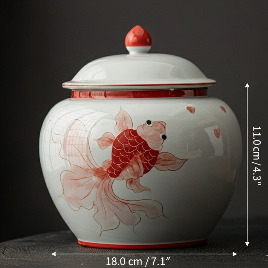 Product dimensions showing 18.0cm width and 11.0cm height for the goldfish ceramic tea caddy