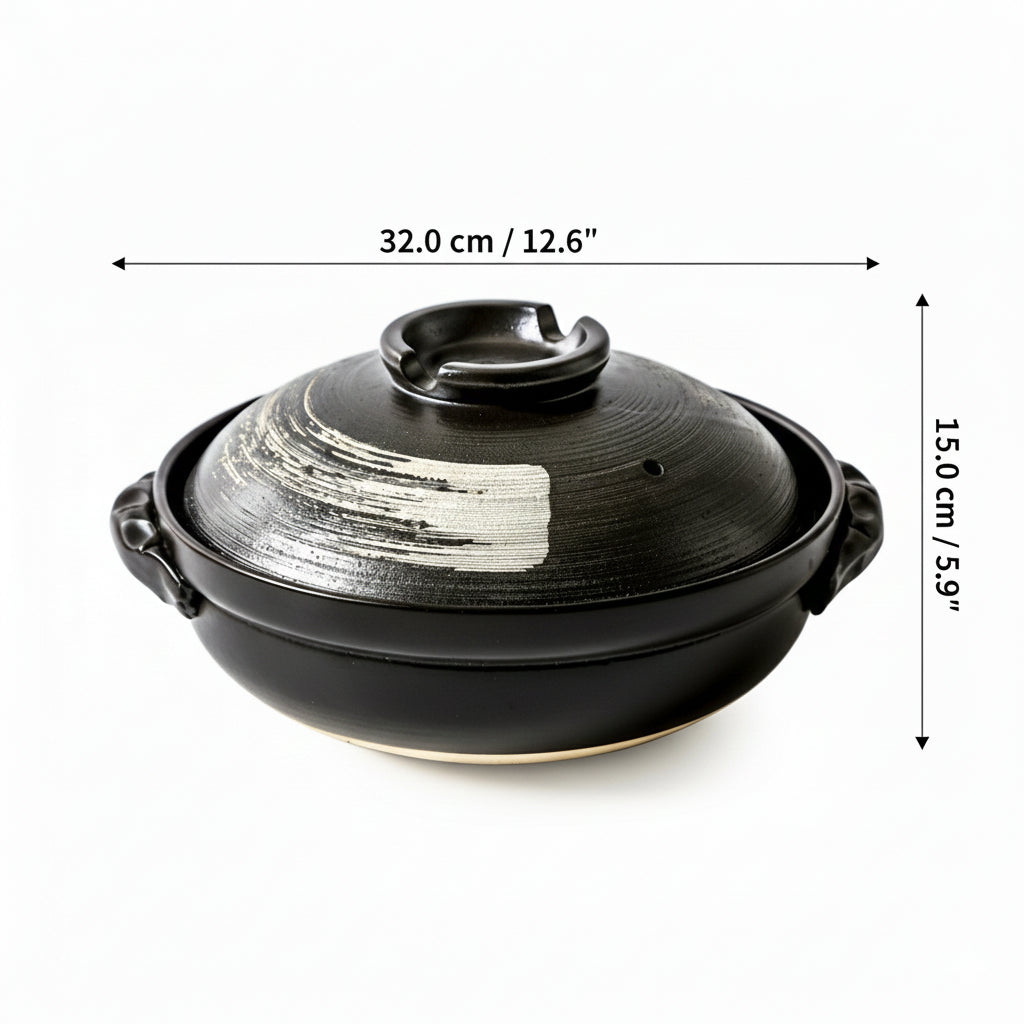 Product dimensions showing 32.0 cm width and 15.0 cm height for the large black ceramic pot