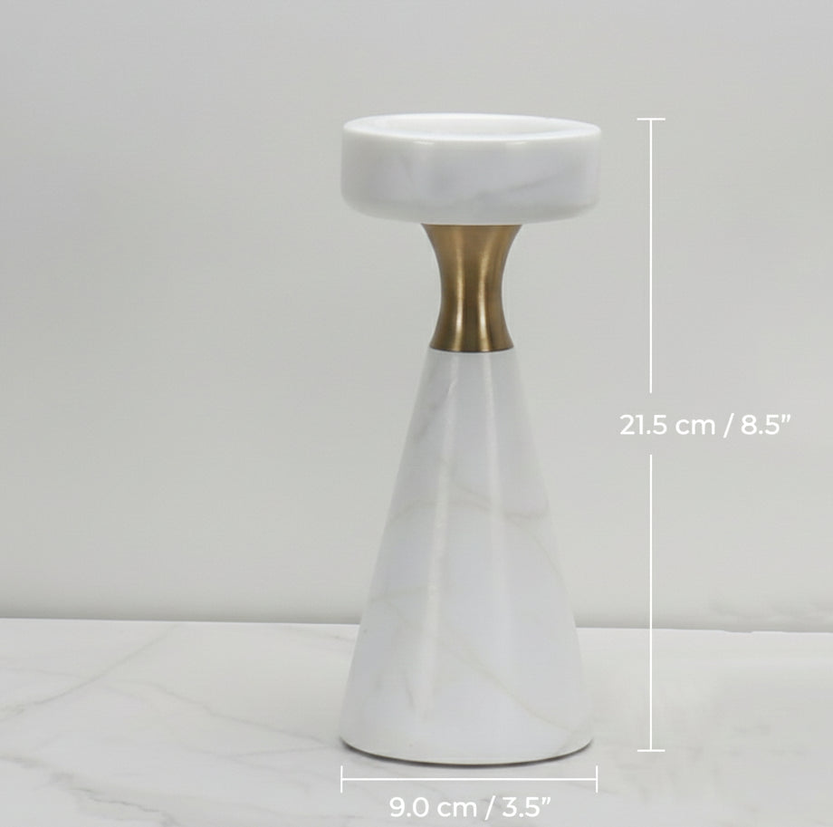Large marble candle holder with height measurement of 21.5cm and width of 9cm