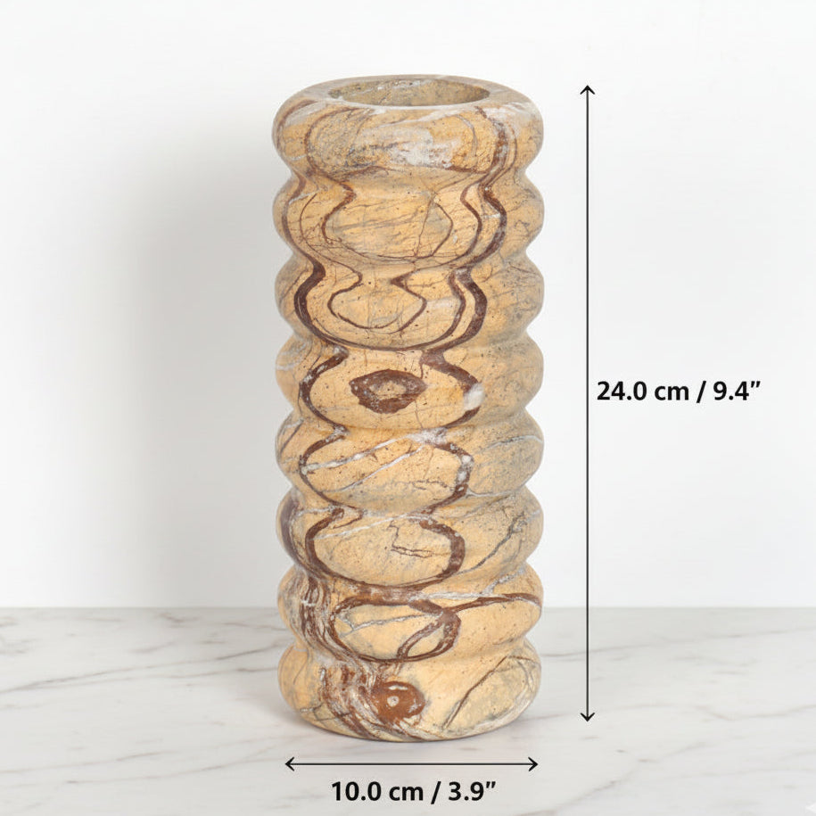 Product dimensions overlay for the large marble vase showing 24cm height and 10cm width