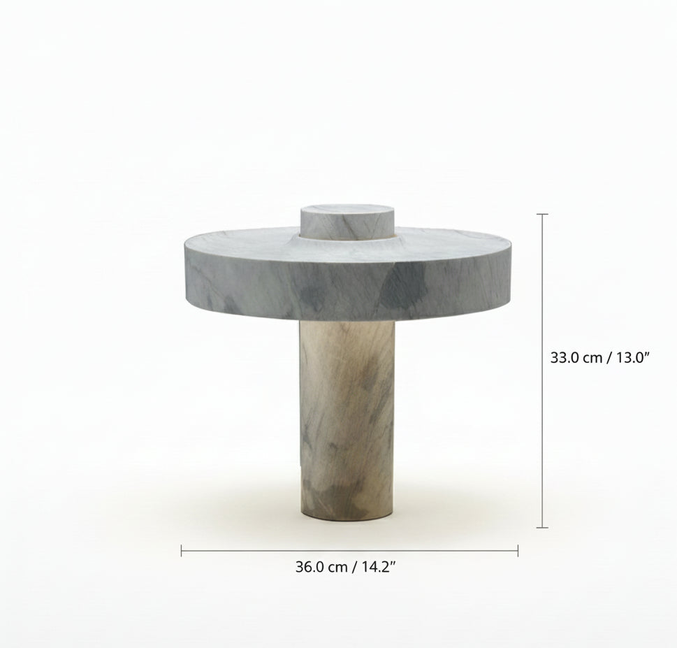 Product dimensions diagram for the marble pillar lamp showing 36 centimeters width and 33 centimeters height