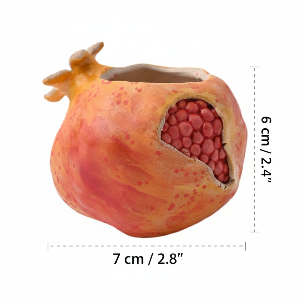 Product measurement guide showing the pomegranate planter at 7cm in width and 6cm in height