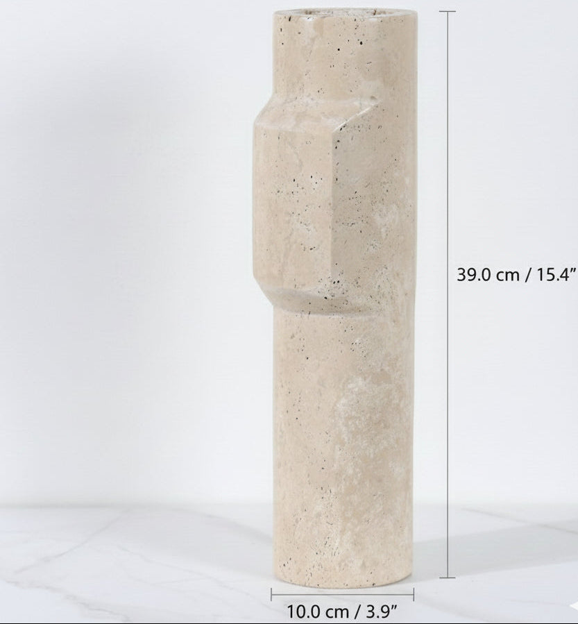 Tall travertine stone vase with dimension lines showing 39cm height and 10cm width