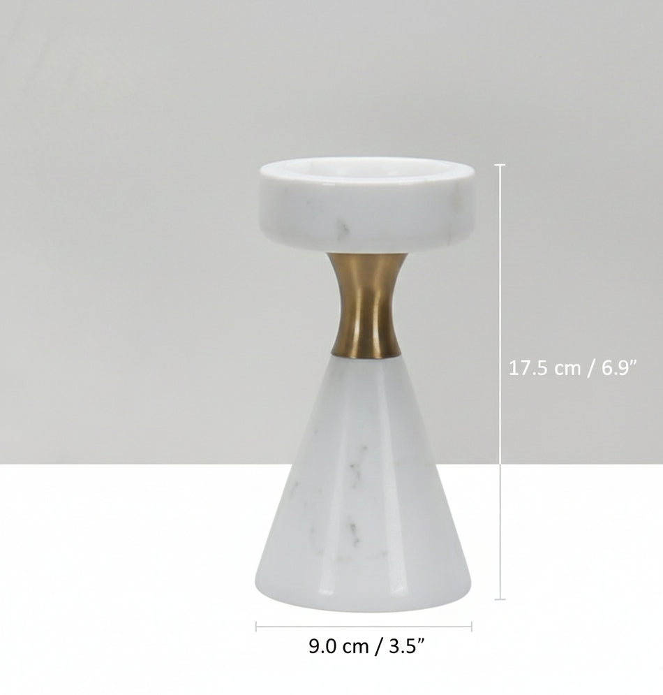 Small marble candle holder with height measurement of 17.5cm and width of 9cm