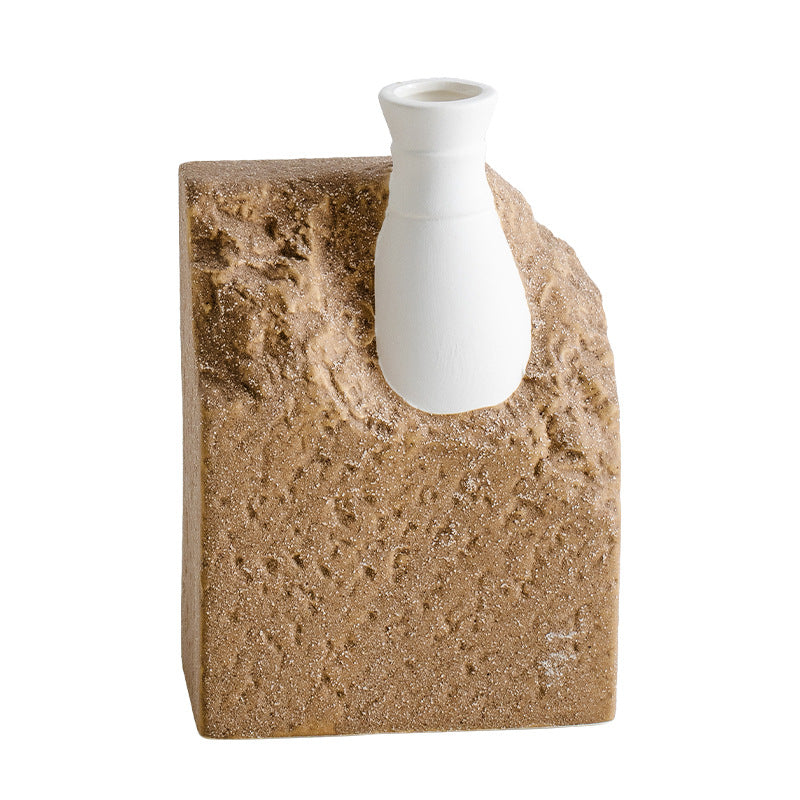Short brown textured ceramic decorative flower vase