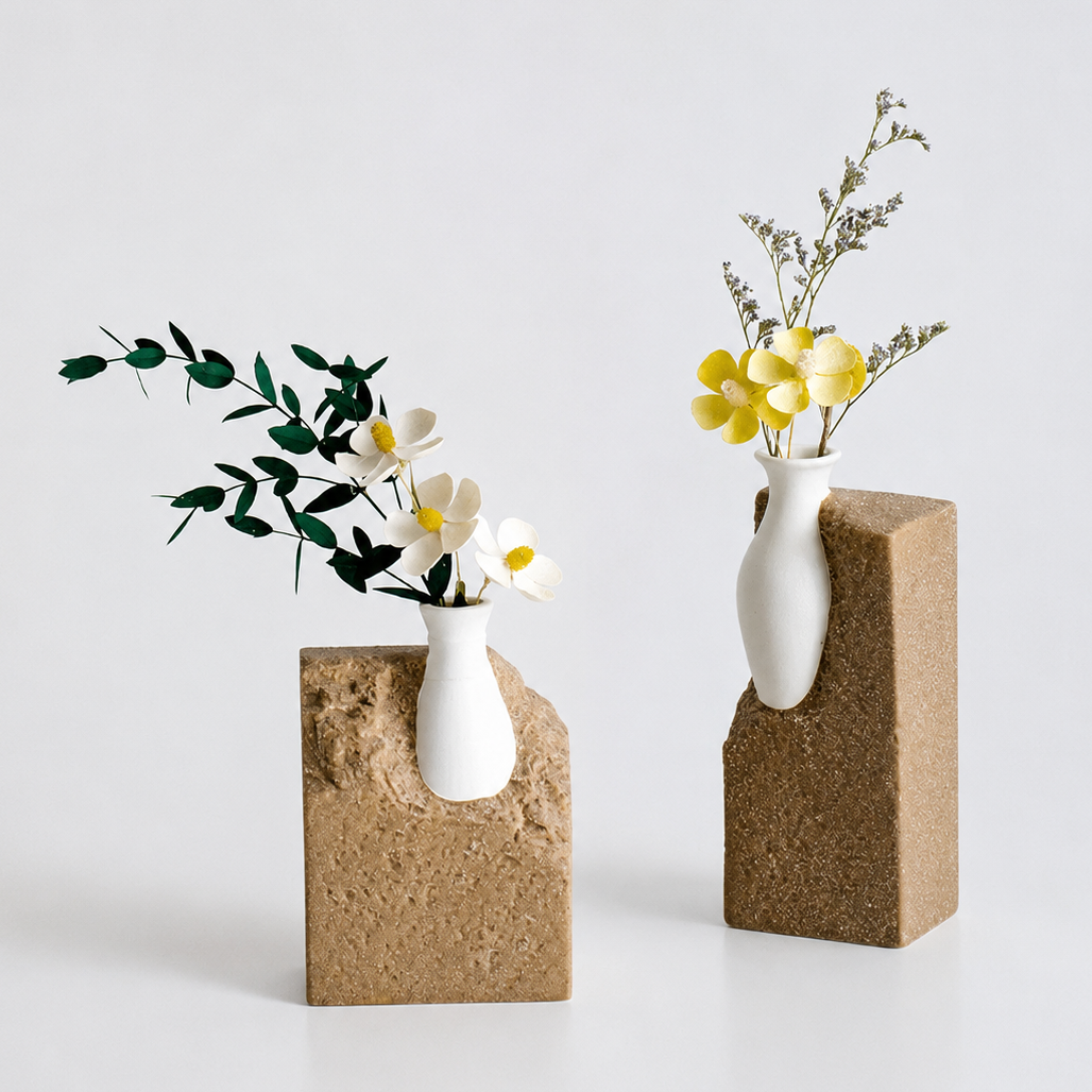 Brown abstract ceramic flower vases styled with white and yellow flowers