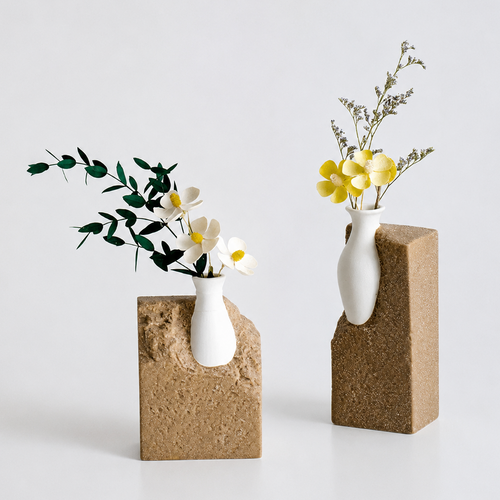 Brown abstract ceramic flower vases styled with white and yellow flowers