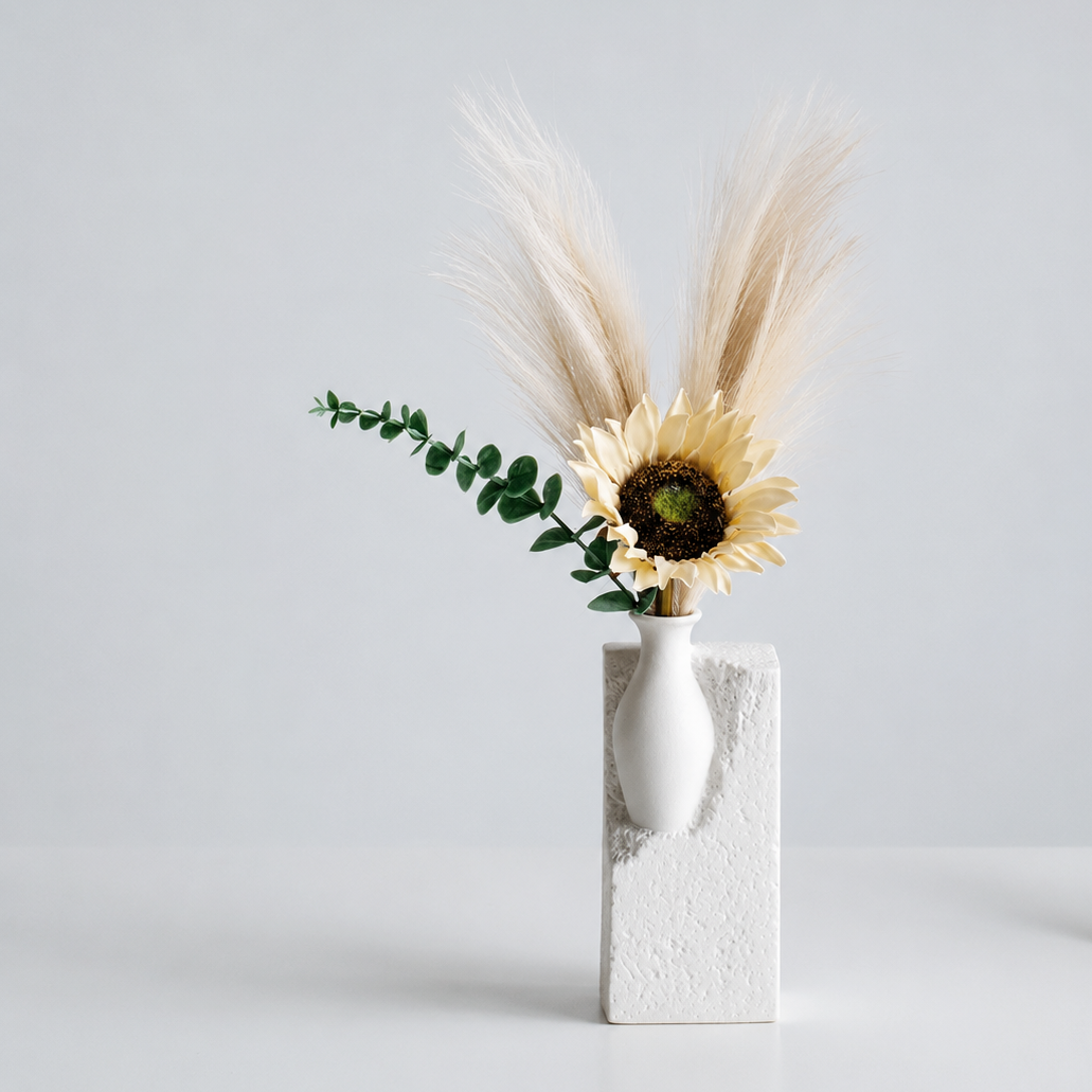 Tall white abstract ceramic flower vase styled with sunflower and dried grasses