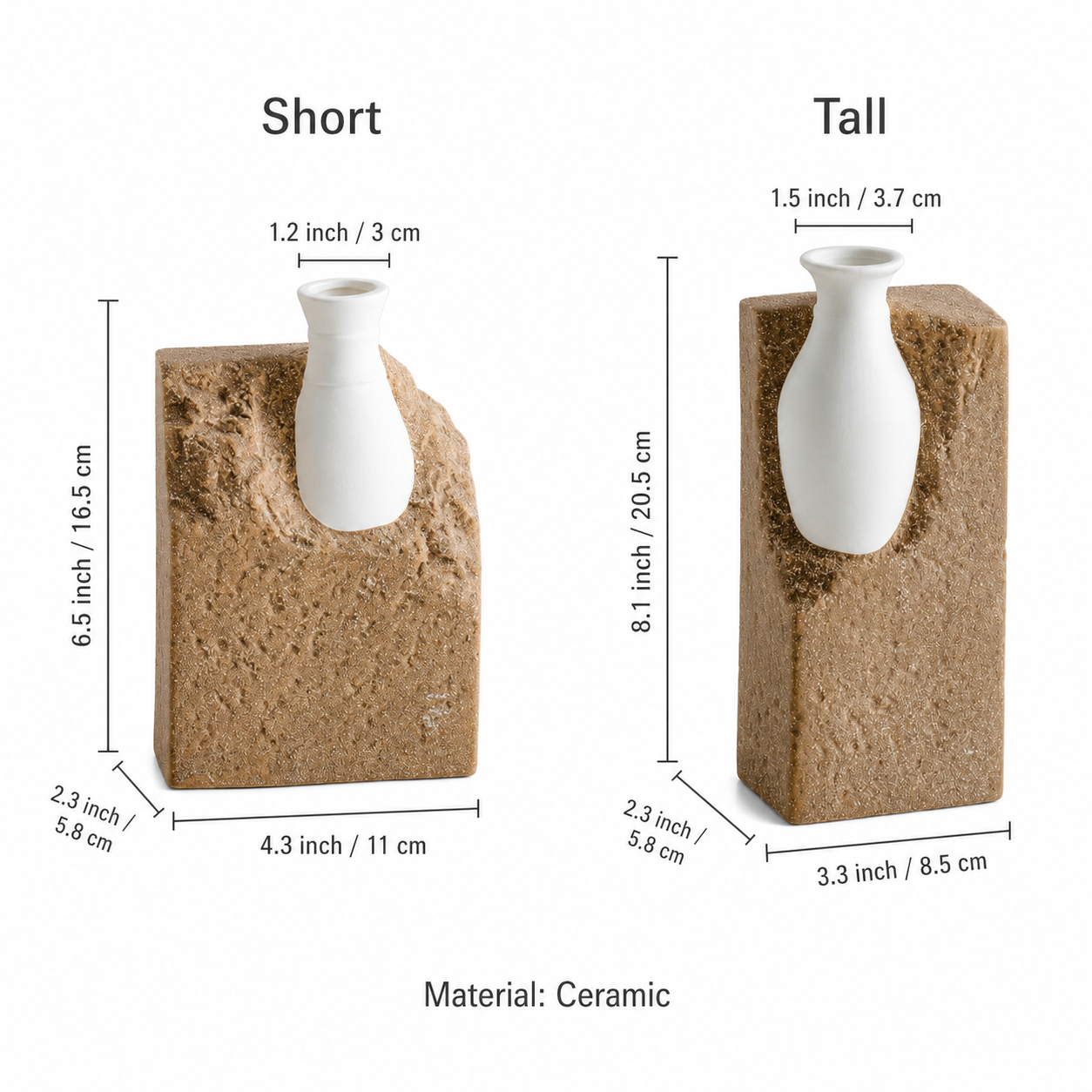 Measurement guide for short and tall abstract ceramic flower vases