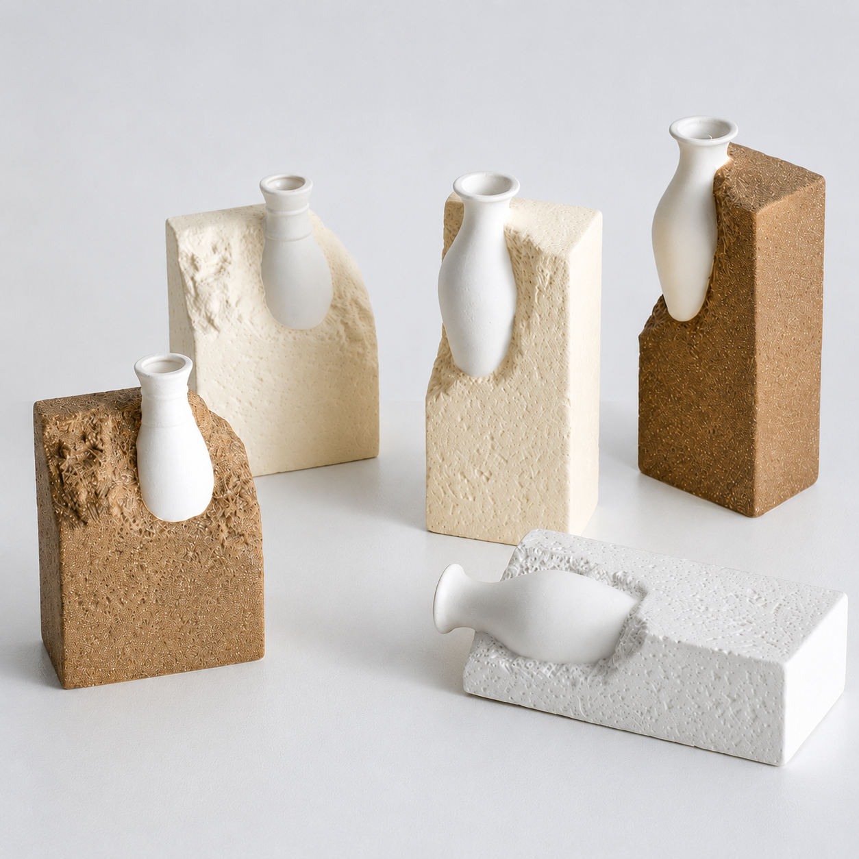 Abstract ceramic decorative vases displayed in brown beige and white