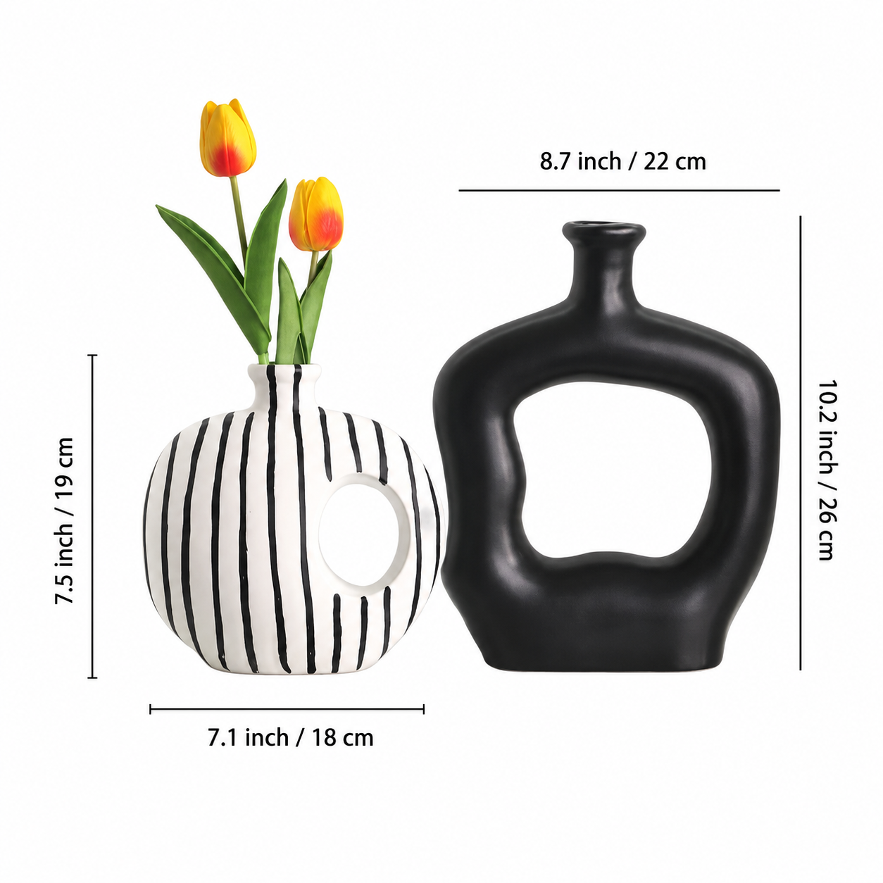 Abstract hollow ceramic vase measurement guide for both styles