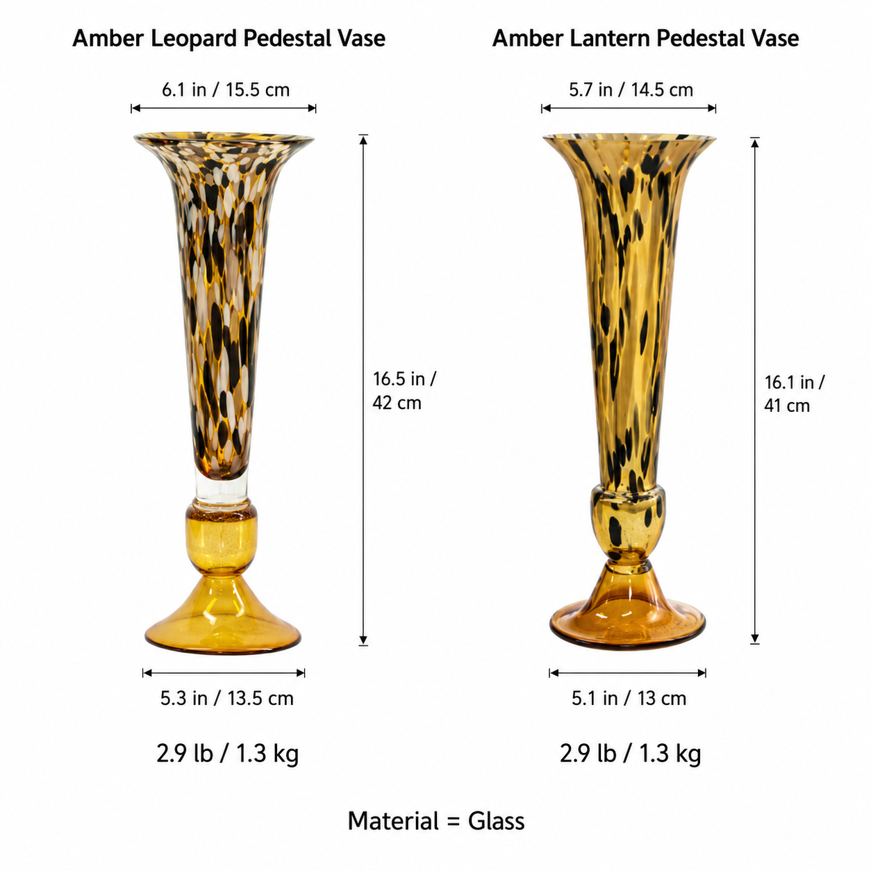 Amber glass pedestal vase measurement chart with dimensions and material