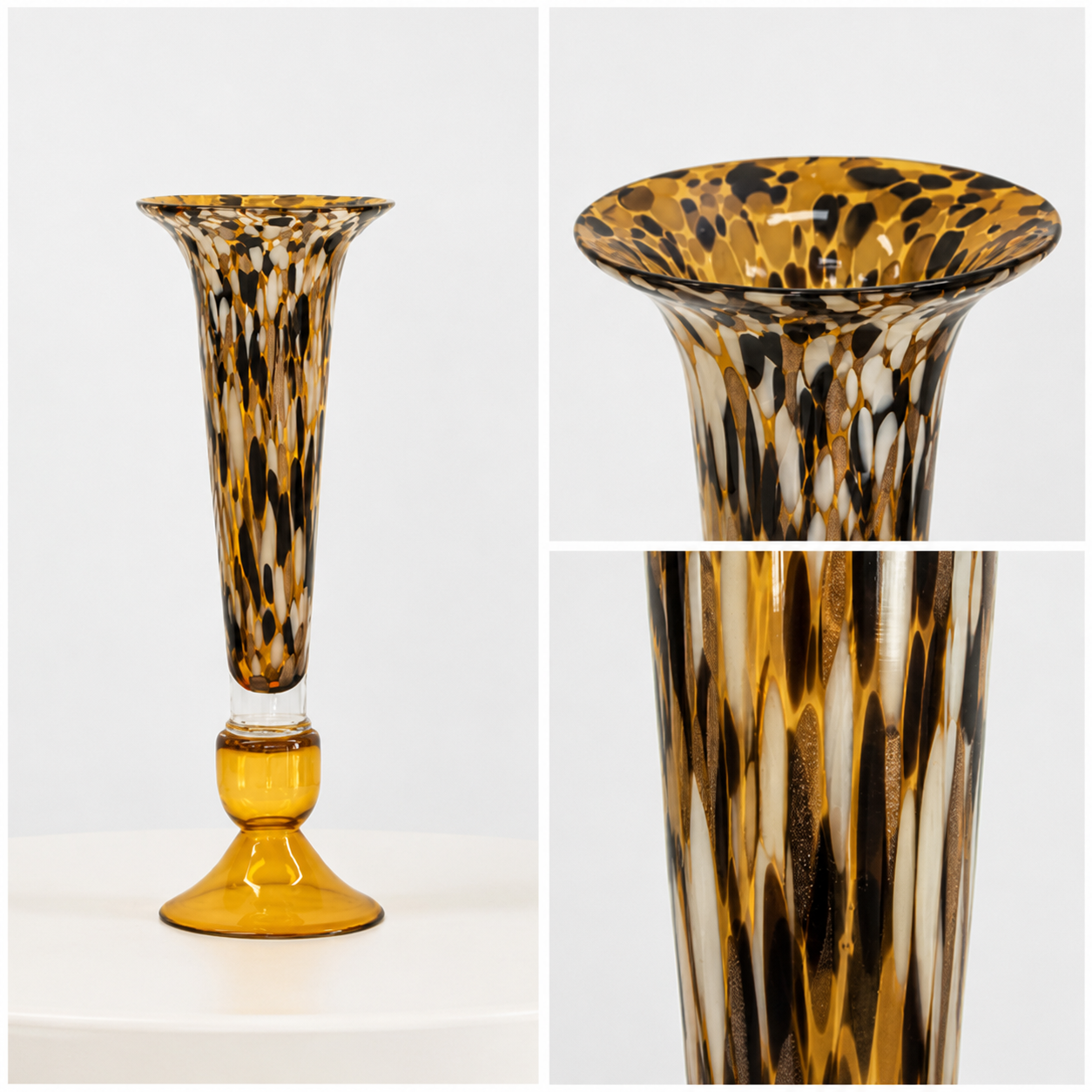 Amber glass vase product detail collage showing flared rim and patterned glass