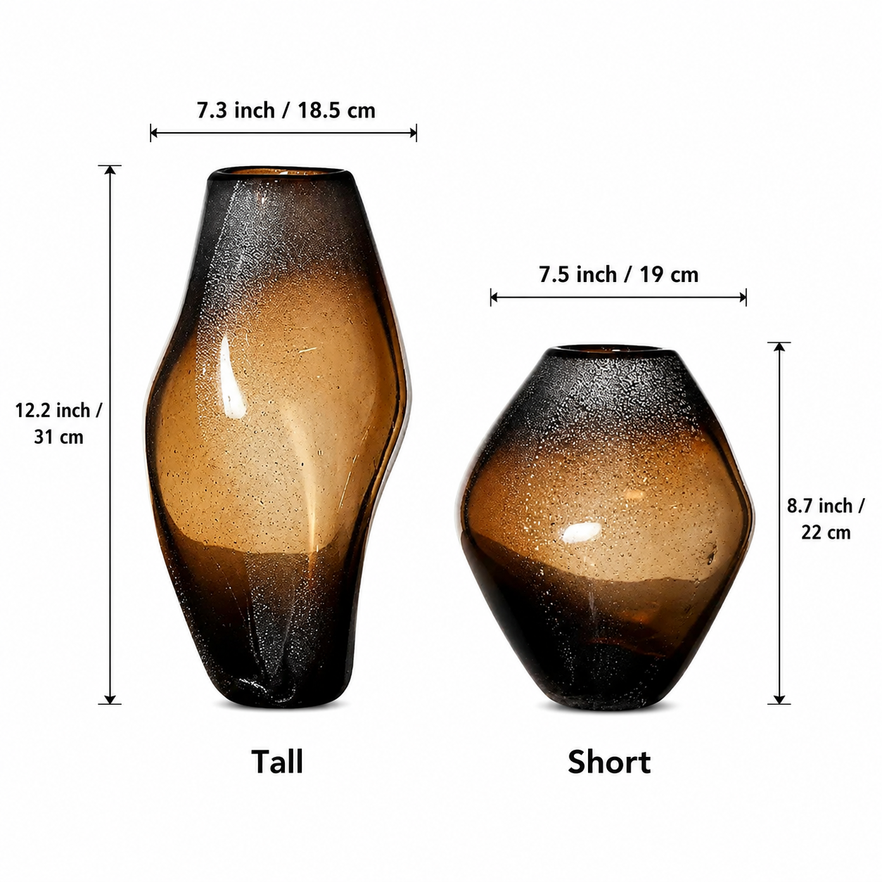 Amber seeded glass vase size guide showing tall and short measurements