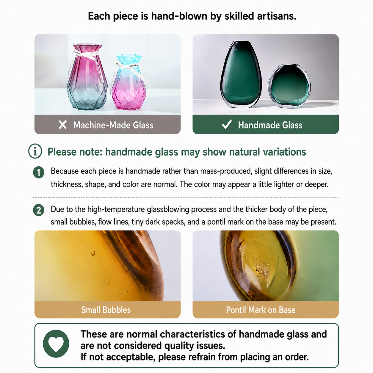 Handmade glass variation notice showing seeded glass texture bubbles and base mark