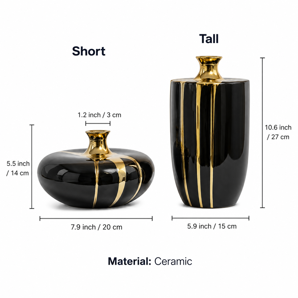 Black ceramic vase size guide showing Short and Tall dimensions with material ceramic