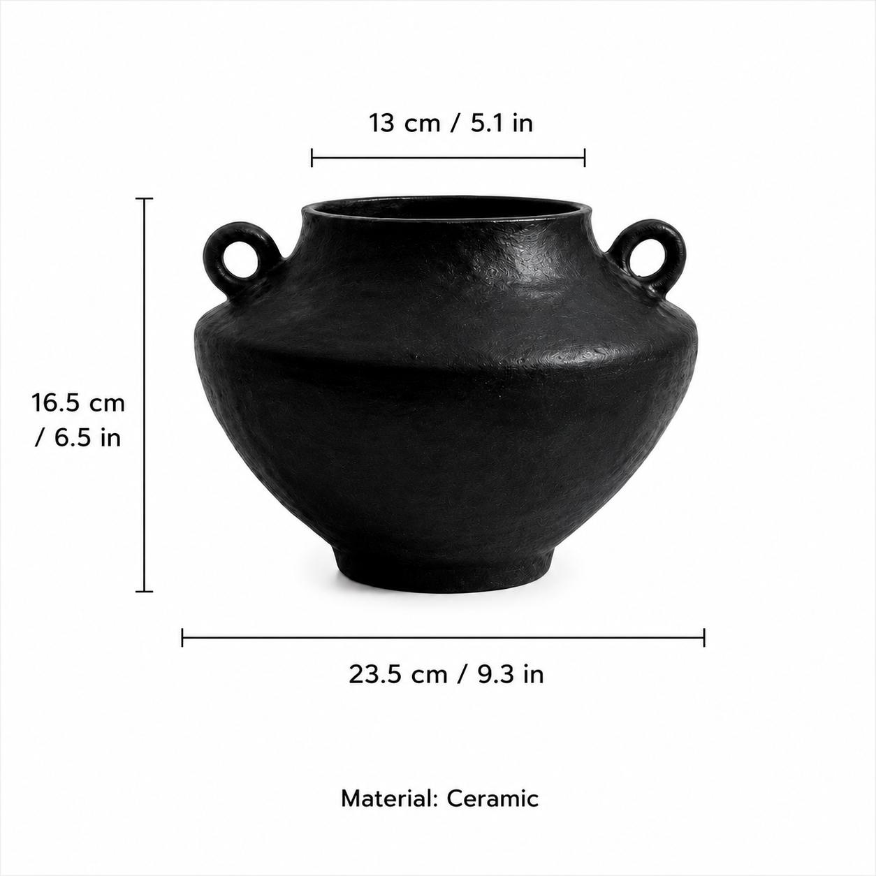 Black ceramic vase with handles size chart showing measurements in inches and centimeters