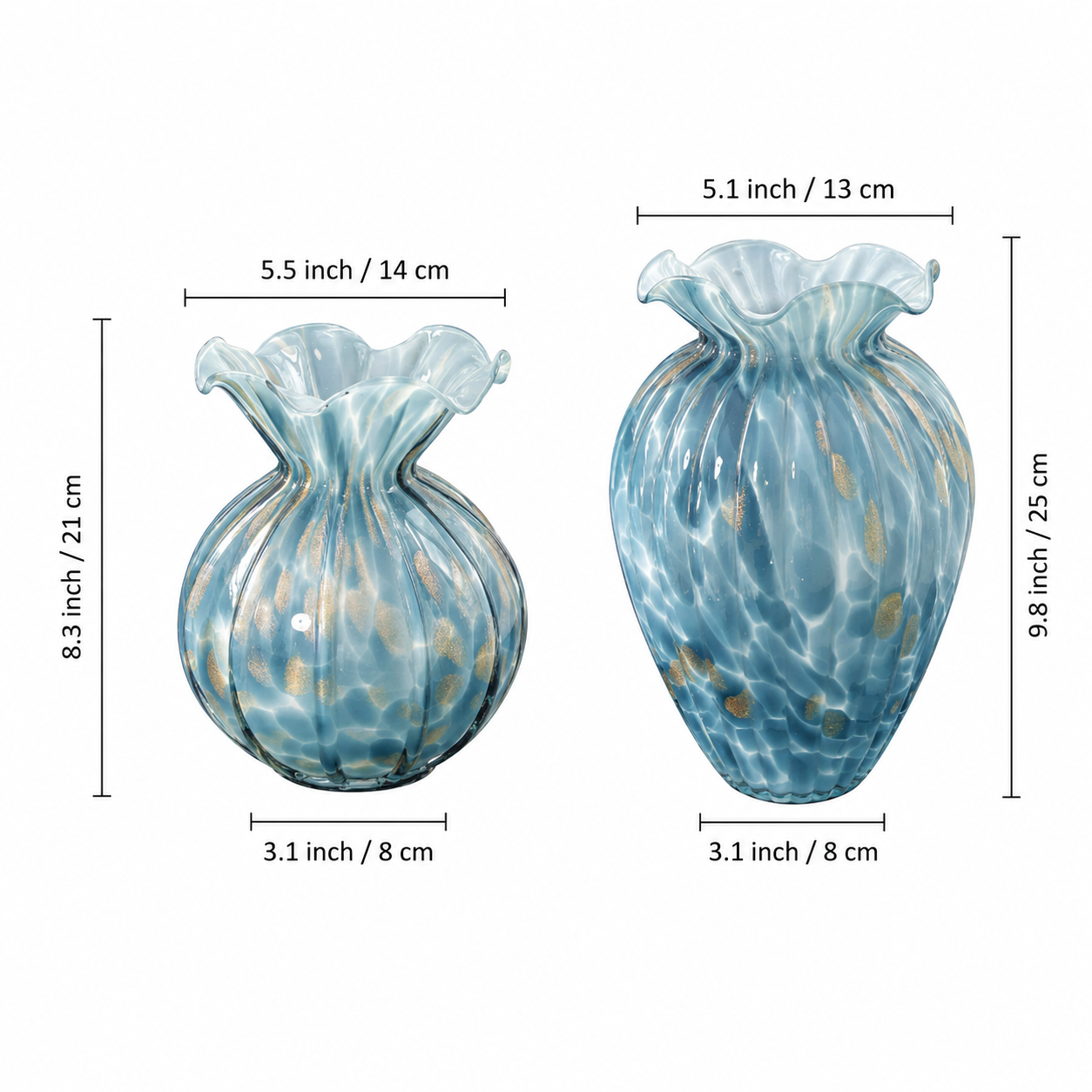 Blue art glass vase size guide showing different ruffled rim vase shapes