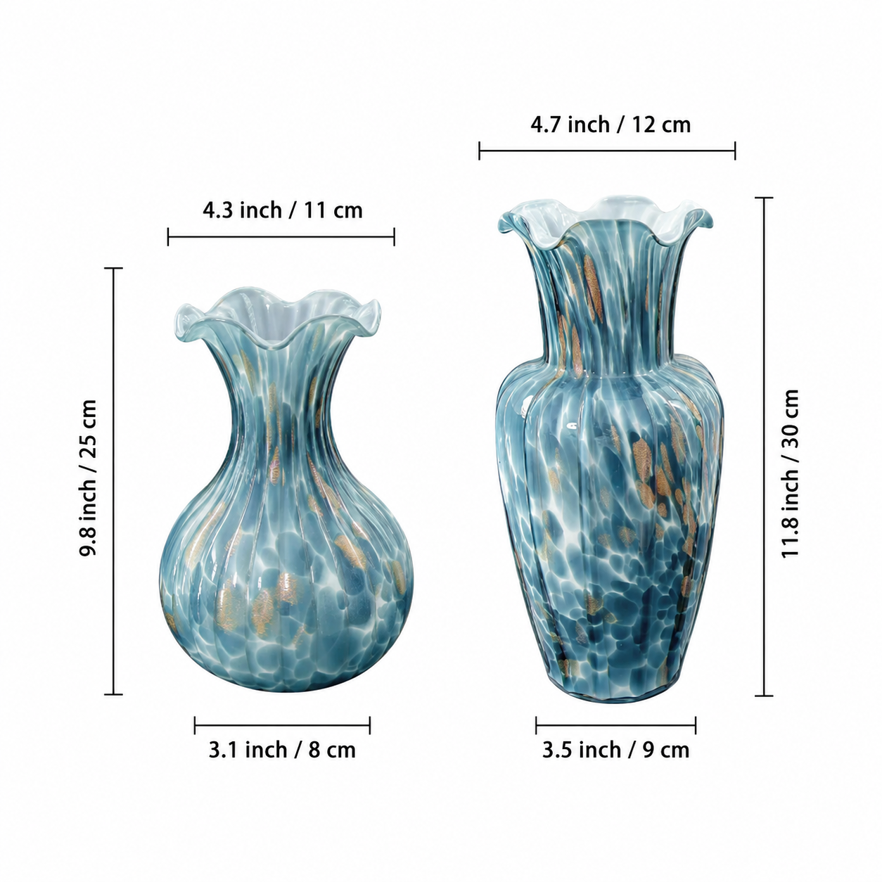 Blue ruffled art glass vase size guide with height and width measurements