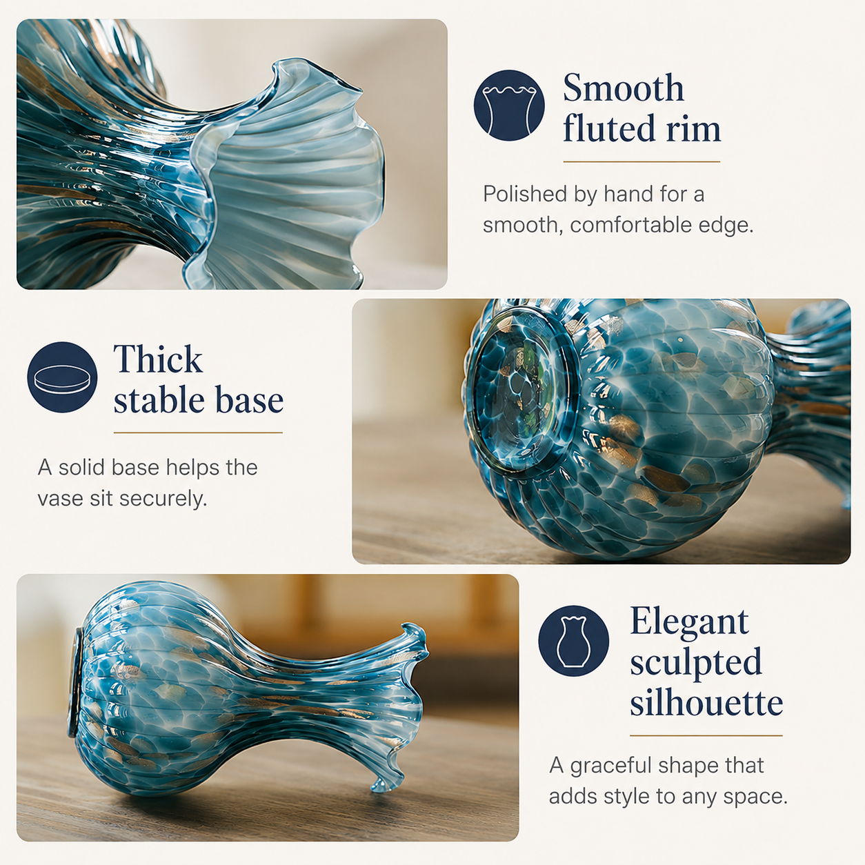 Blue art glass vase feature collage showing ruffled rim, stable base, and sculpted shape