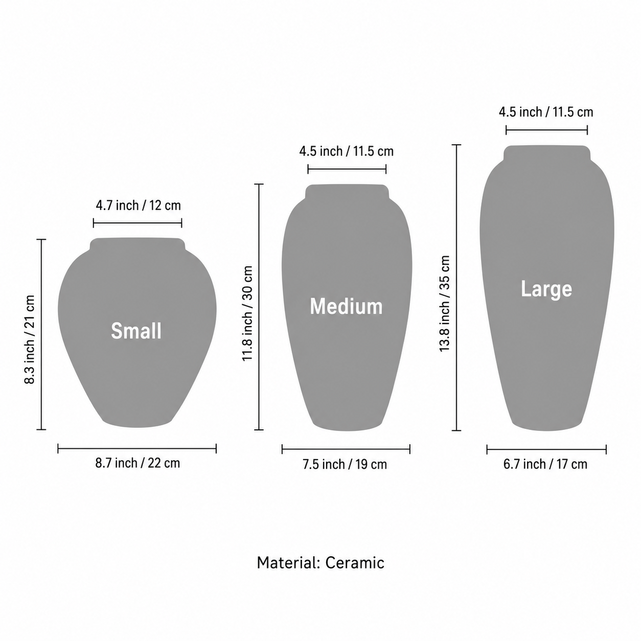 Size guide showing dimensions for small medium and large blue gold ceramic vases