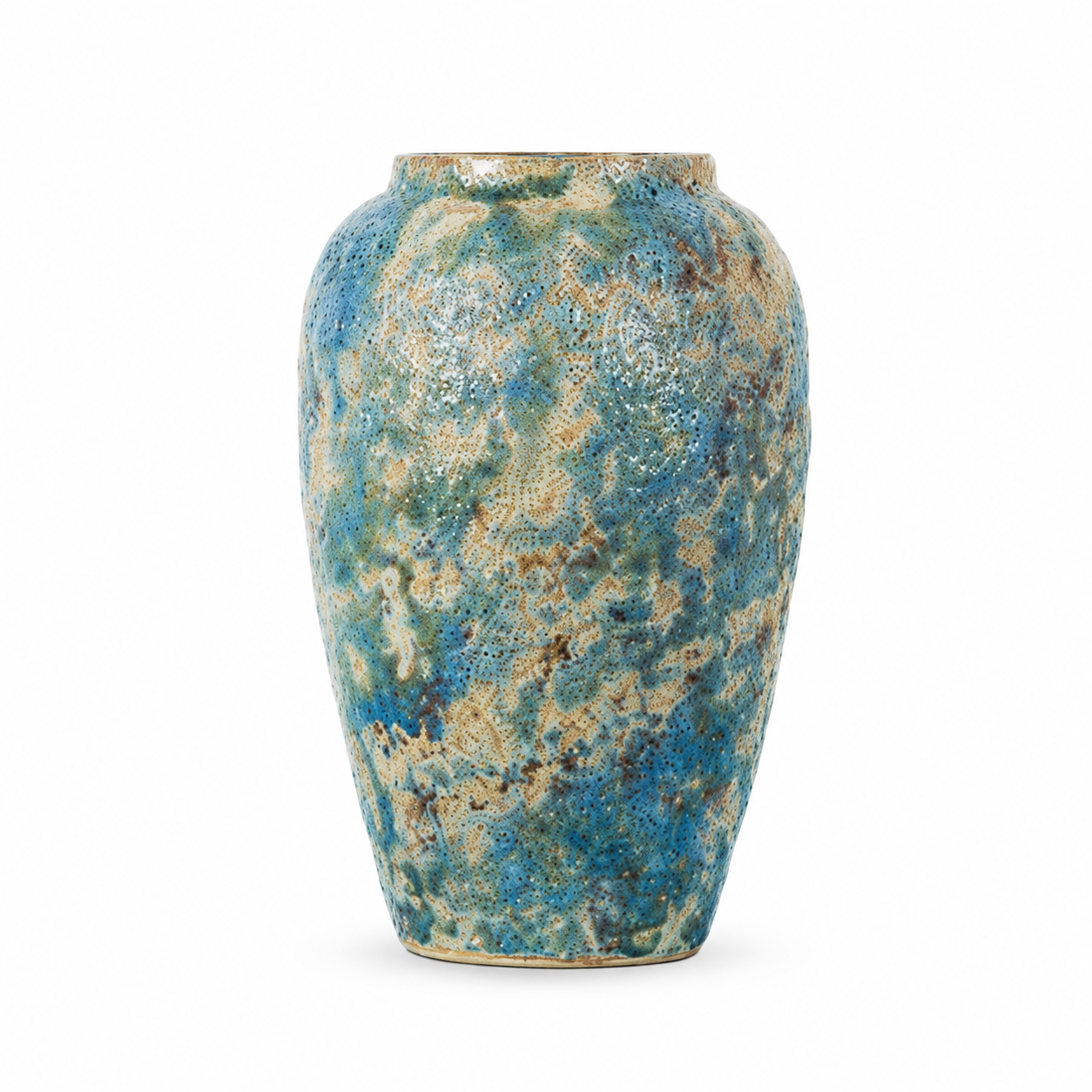 Medium blue gold textured ceramic decorative vase on a white background