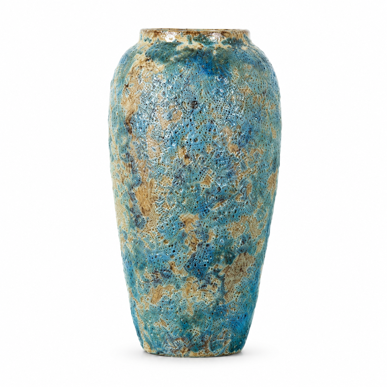 Tall blue gold textured ceramic decorative vase on a white background