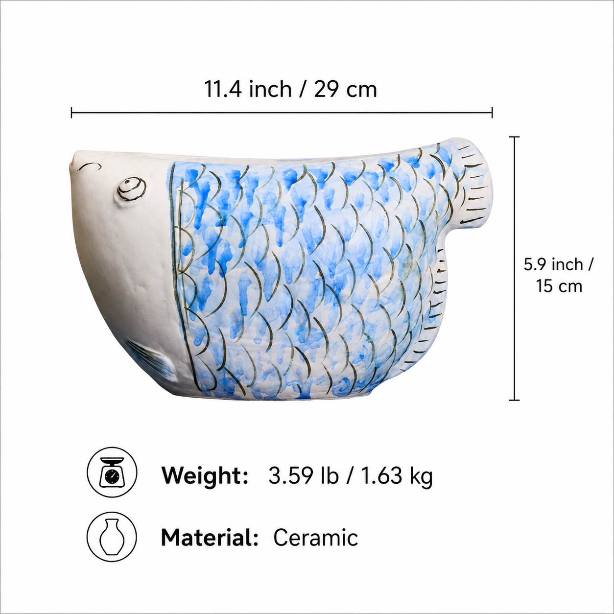 Measurement guide for blue and white fish-shaped ceramic vase with size and weight details