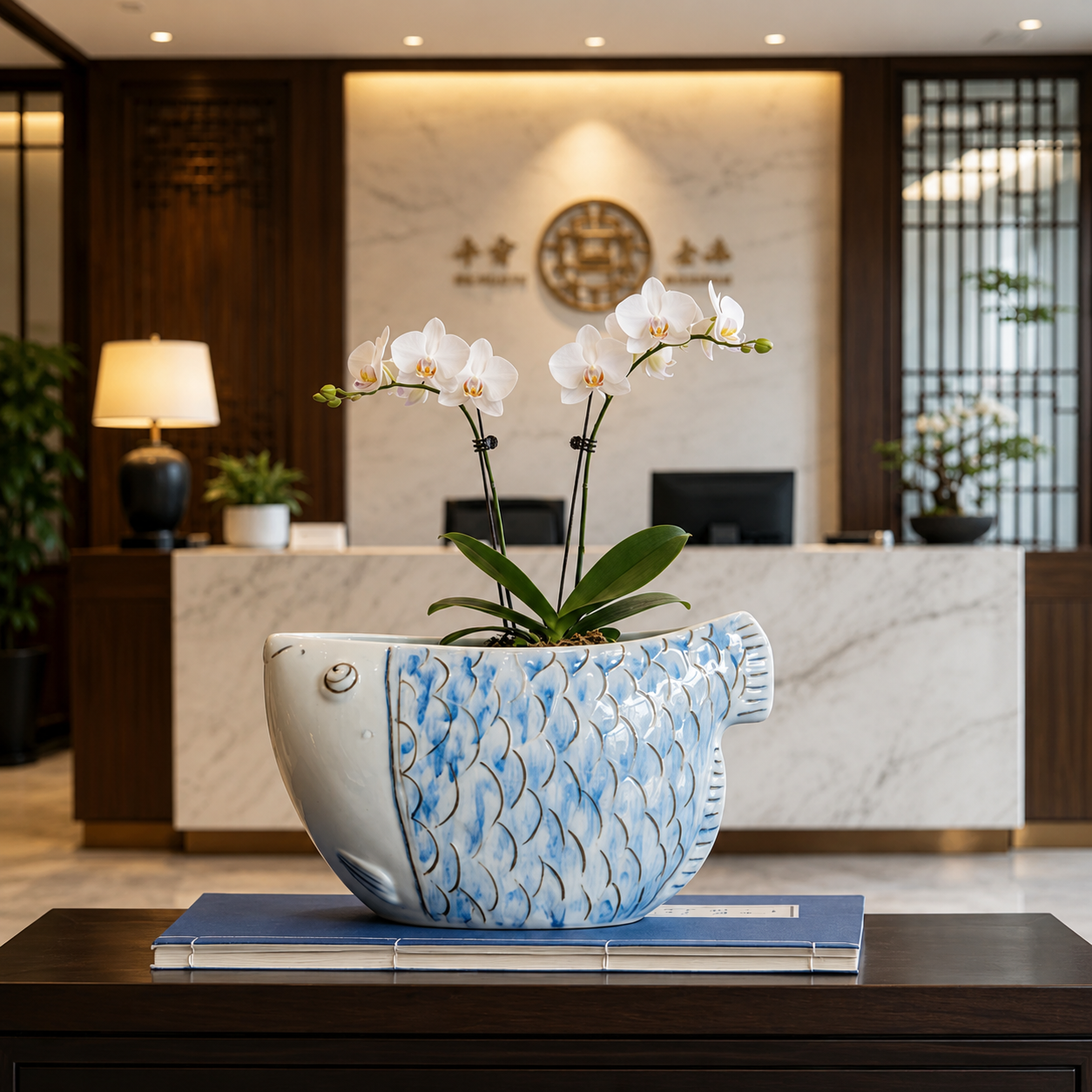 Blue and white fish-shaped ceramic vase with orchid arrangement in a refined interior setting