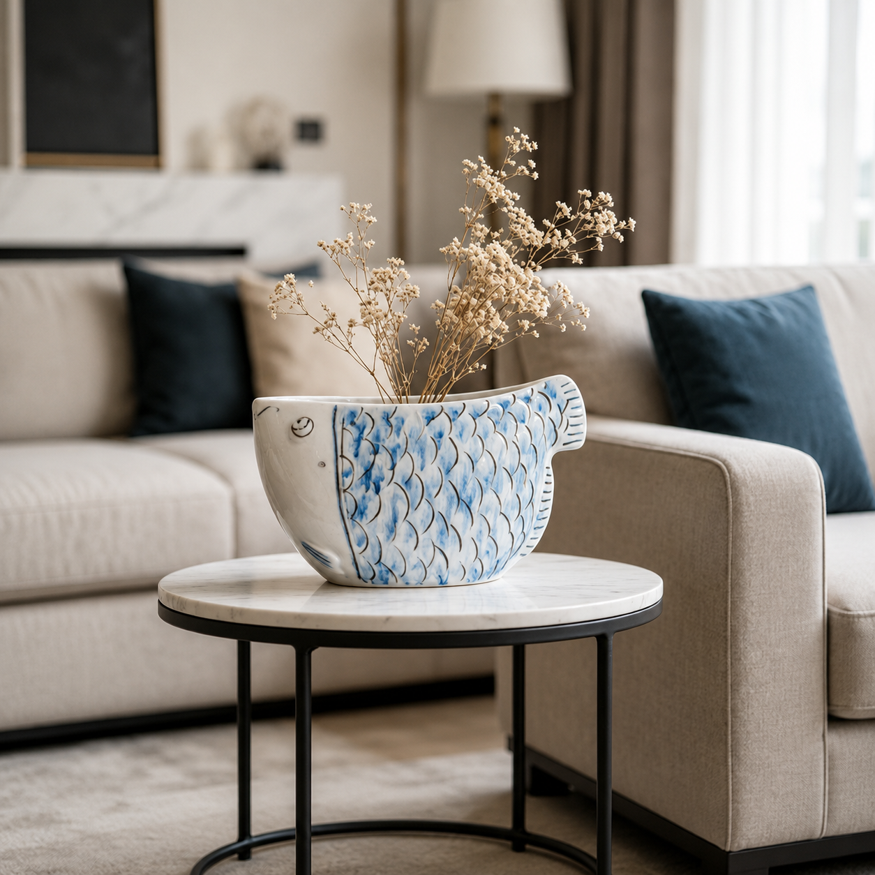 Blue and white fish-shaped ceramic vase styled on a round side table in a living room