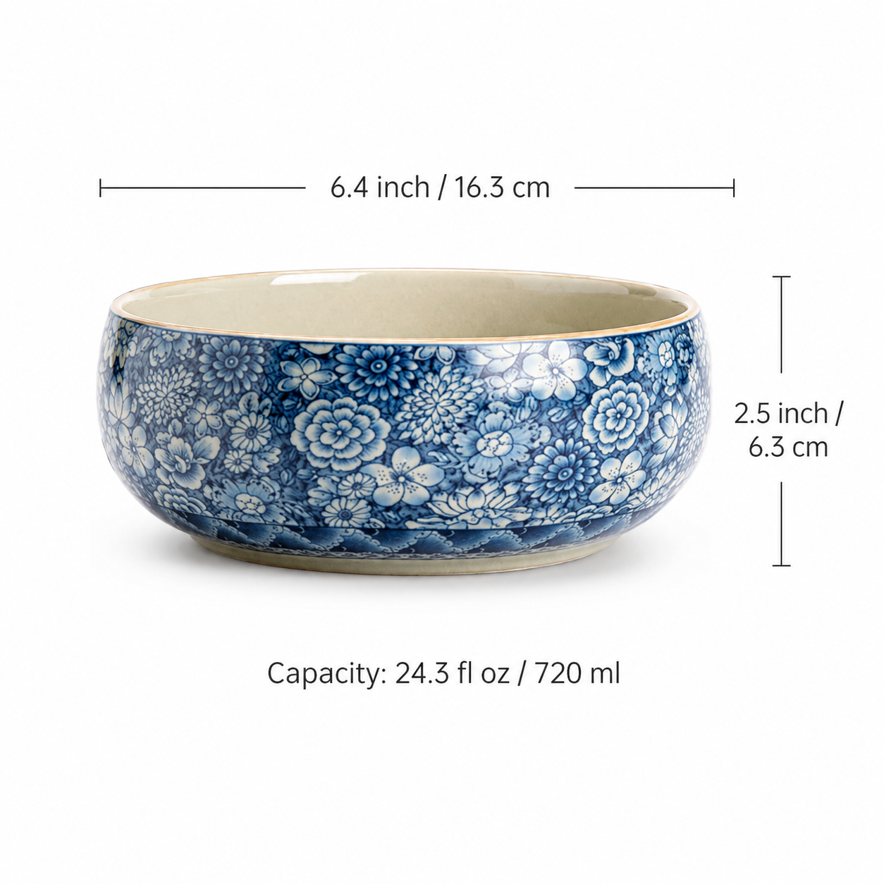 Blue and white floral ceramic serving bowl size guide with capacity and measurements