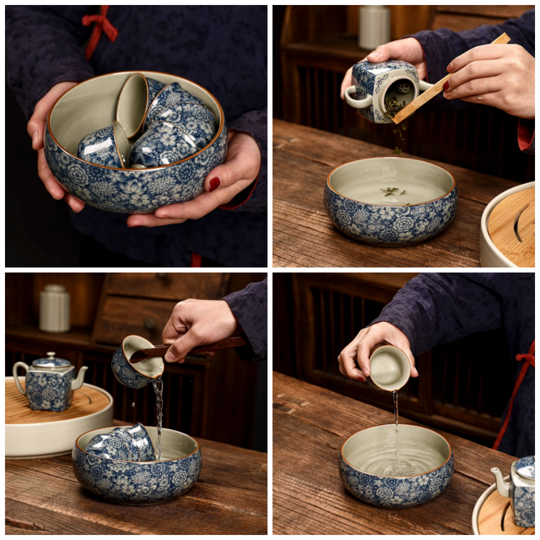 Blue floral ceramic serving bowl lifestyle collage showing tea and serving uses