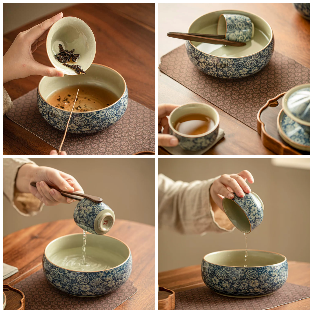 Blue floral ceramic bowl use collage showing tea rinsing, serving, and pouring