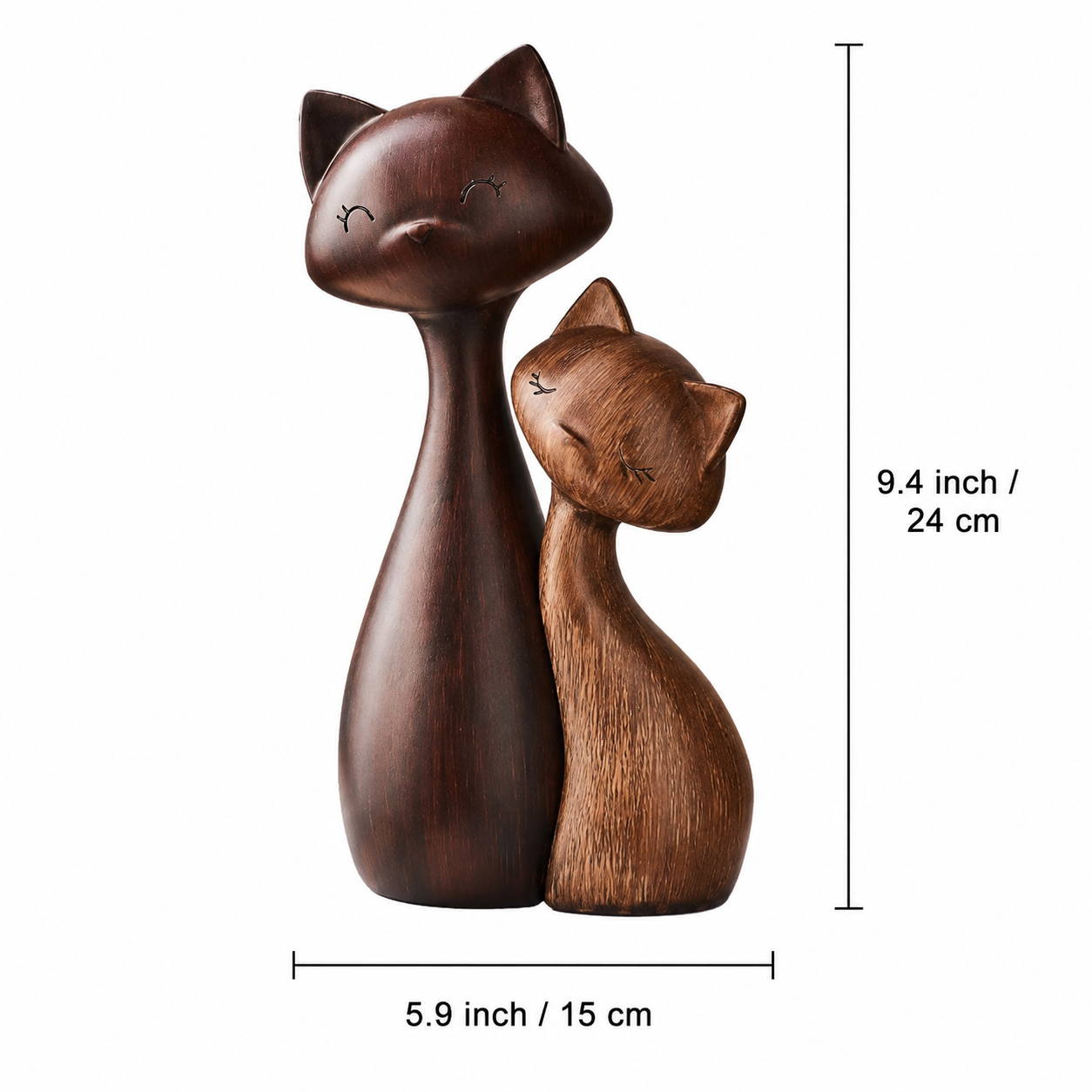 Cat couple figurine size guide showing width and height measurements