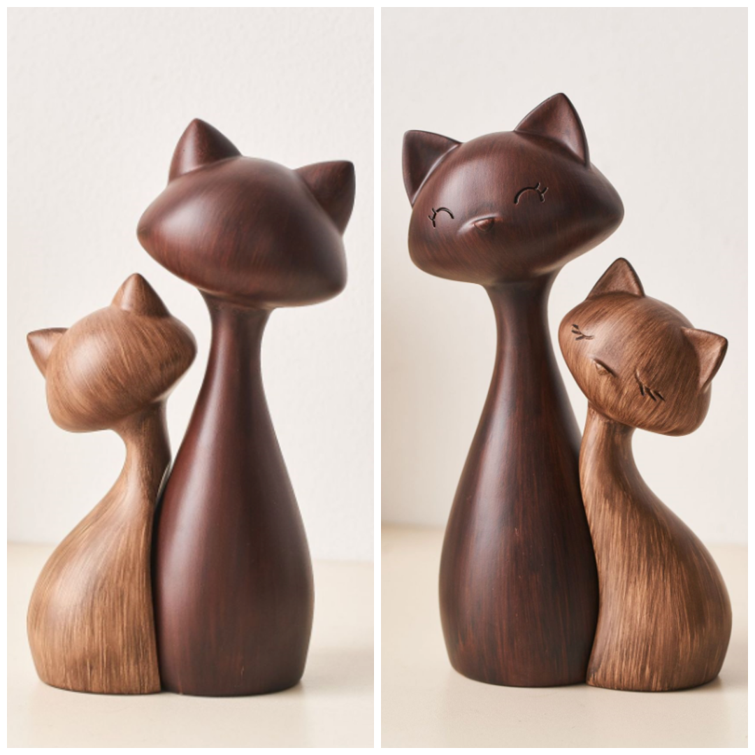 Wood-look cat couple figurine showing front and back views