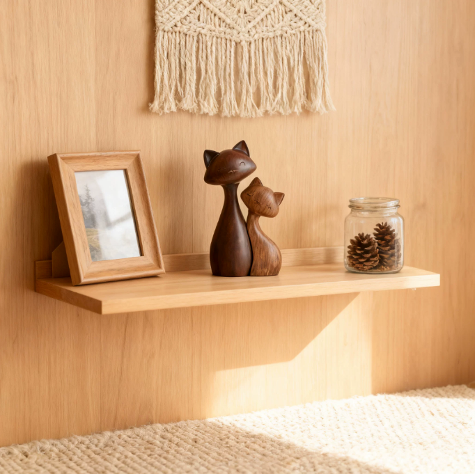 Cat couple figurine styled on wooden shelf with cozy neutral home decor