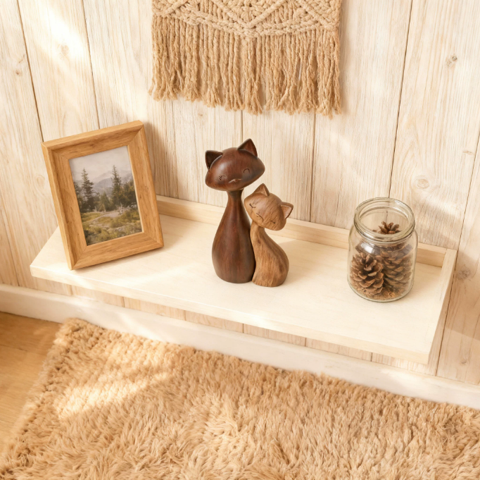 Cat couple shelf decor styled with pine cones and warm wood wall background