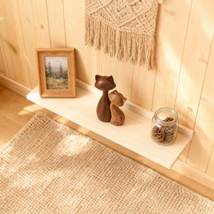 Cat couple figurine styled on warm wooden shelf with cozy boho decor