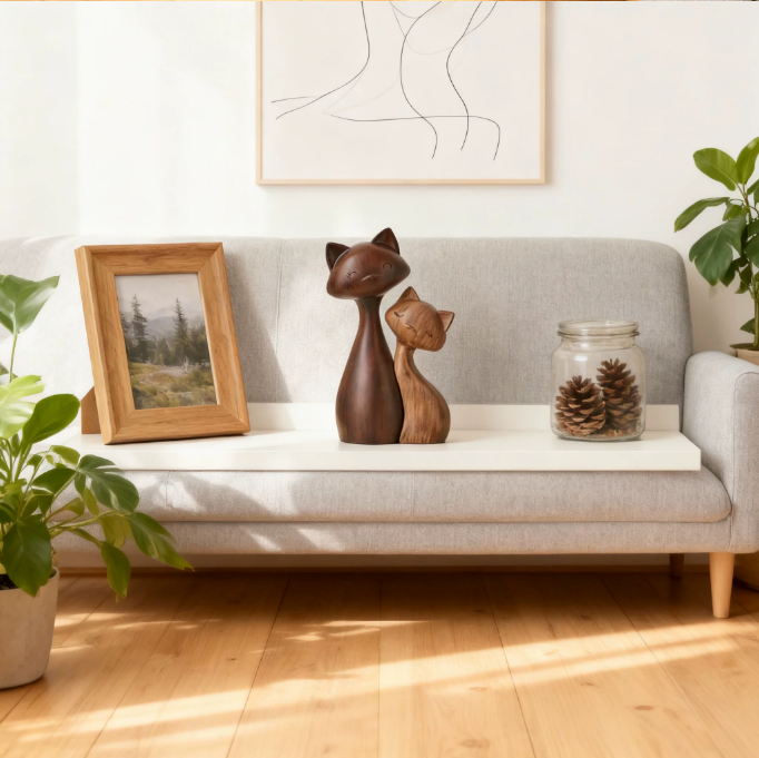Cat couple figurine on shelf with framed art and modern home accents