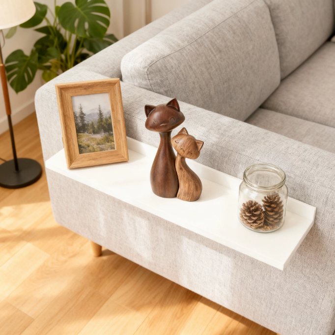Cat couple figurine displayed on coffee table with neutral living room decor