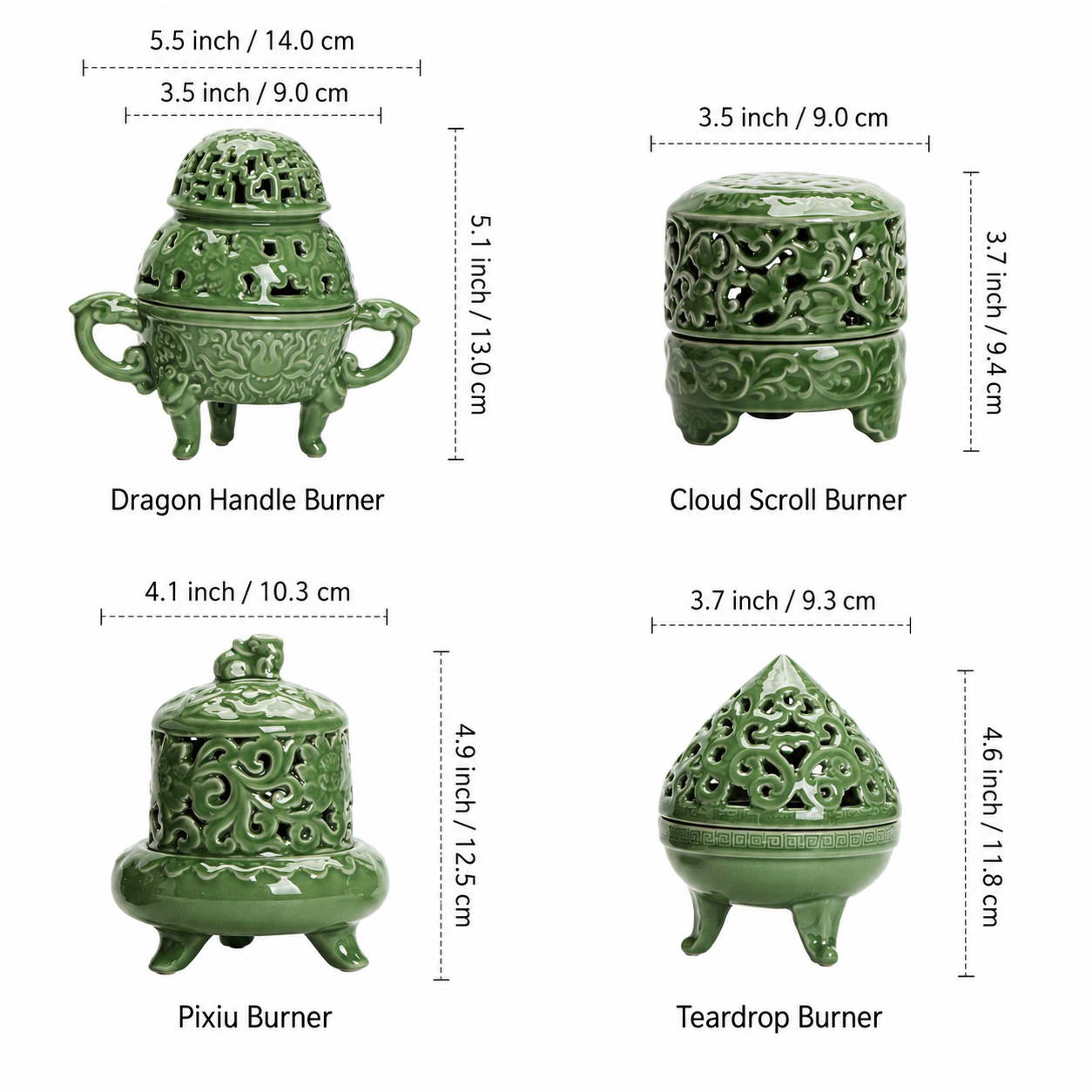 Size guide infographic showing four additional celadon green ceramic incense burner styles with dimensions