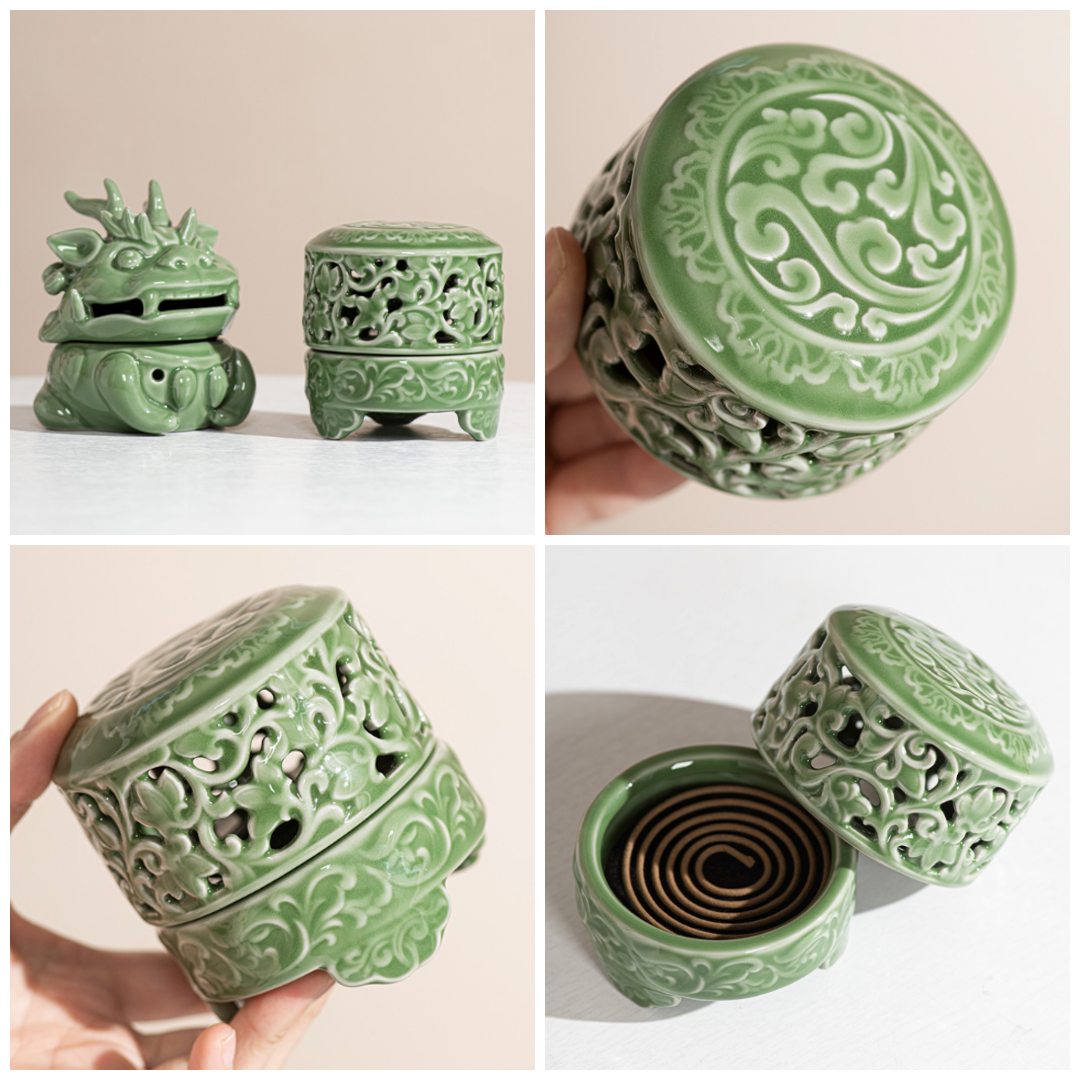 Detail collage showing celadon green ceramic incense burner features, including carved patterns, lid, and incense coil holder