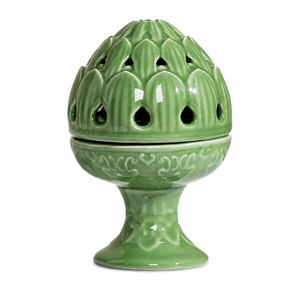 Celadon green lotus pod ceramic incense burner on pedestal base on white background